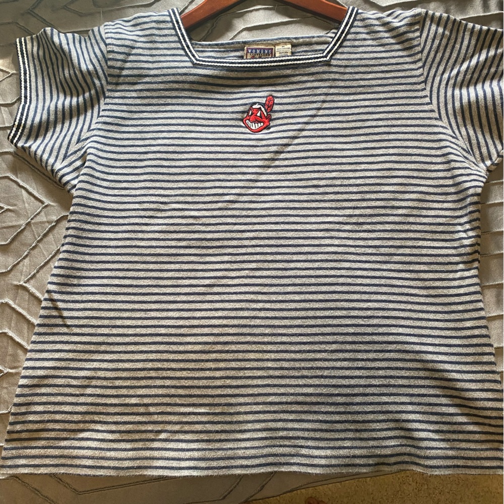 Vintage Cleveland Indians women’s square neck top,  navy and white. Chief Wahoo!